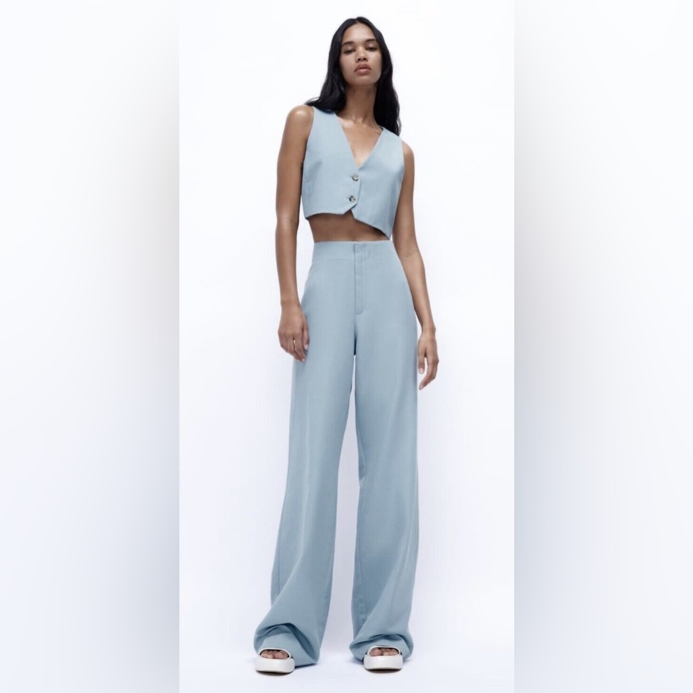 Zara Linen Blend Vest Pant Set Mid-Blue Size Small